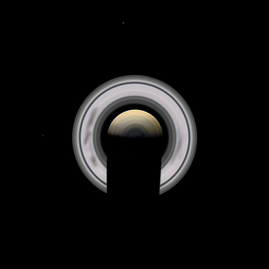 Tristan's image of Saturn's south pole: a bright ring around a golden planet, with a dark shadow cutting up through them
